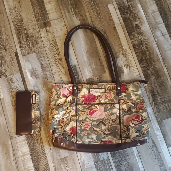 Longaberger Brown Floral Tote Bag and Wallet - Picture 1 of 9